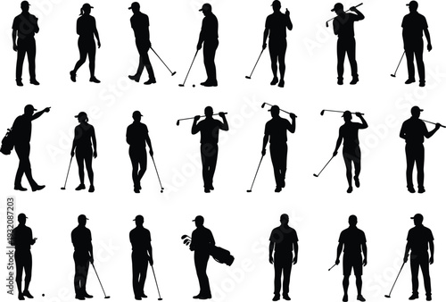 Golf player silhouettes, walking with clubs, standing with gear, practicing swings, man and woman poses, golf actions collection, sports concept