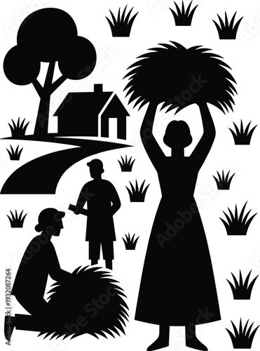 Rural farmers harvesting crops silhouette vector illustration, village agriculture scene with man woman and child, hay bundles countryside landscape, traditional farming concept