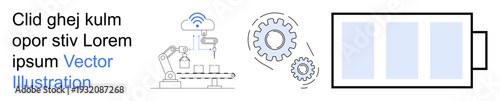 Automation technology, renewable energy, sustainable production, robotics, manufacturing processes, industrial innovation. Robotic arm, gears, and battery icon connected to wireless technology