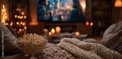 Cozy Evening Movie Night with Popcorn and Warm Blanket.
