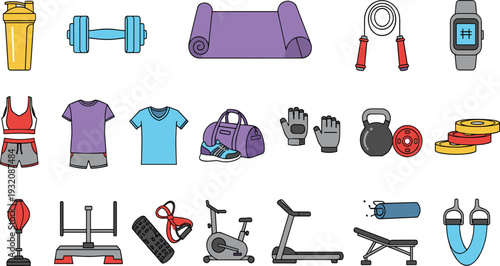 Gym Fitness Equipment and Sportswear Icon Set with Dumbbell Yoga Mat Smartwatch Treadmill Bench Kettlebell and Workout Accessories Collection.