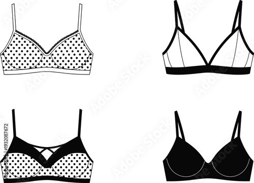 Women bra set collection, lingerie outline silhouettes, black and white underwear design isolated on background, fashion apparel vector