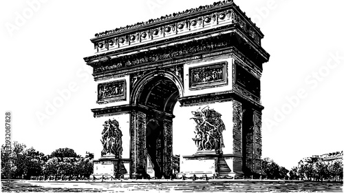 A monochrome illustration of a grand triumphal arch with detailed carvings and statues