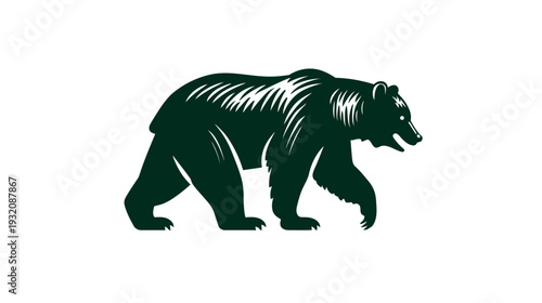 A dark green silhouette of a bear walking on a white background, showing fur details