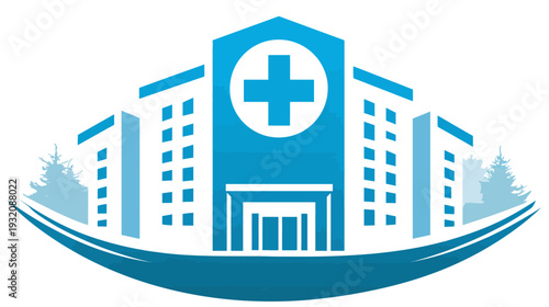 A stylized medical facility in blue tones, featuring a cross symbol and surrounding trees