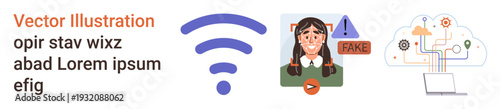 Digital security, misinformation, warning alerts, cybersecurity, connectivity, technology. An alert icon, a woman with fake label wireless signal. Digital security and misinformation concepts