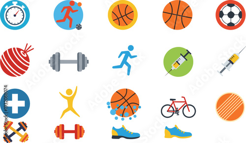 Sports and Fitness Round Icon Set with Basketball Football Running Bicycle Dumbbell Stopwatch and Athletic Health Symbols Collection.