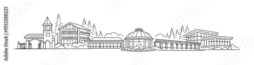 Park pavilion with fountain and clock tower near forest