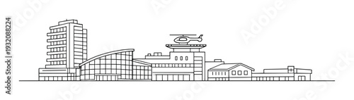 Airport terminal complex with helipad and control tower