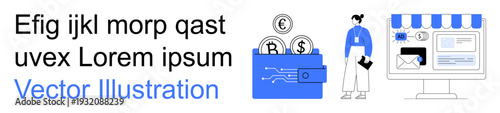 Digital transactions, e-commerce, payment security, fintech, online store management, retail innovation. Icons of dollar coins, person with clipboard storefront and digital interface. Digital