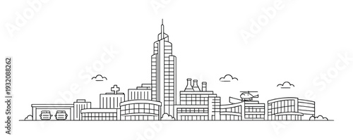 City skyline with skyscraper, hospital and industrial buildings