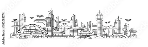 Futuristic skyline with drones and elevated platforms on gray