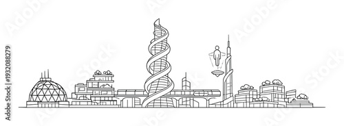 Futuristic city with helix tower and levitating platform