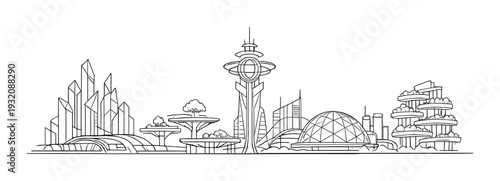Futuristic city skyline with ring tower and geodesic dome