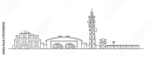 Hospital building, vehicle hangar and communications tower with fence