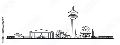 Large control tower and hangar with aircraft and radar dome