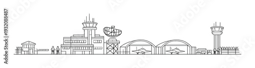 Airbase control towers with hangars and parked fighter jets