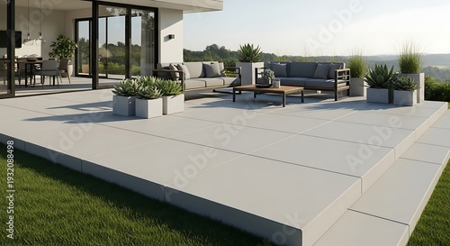 Contemporary outdoor patio design with minimalist furniture and landscape