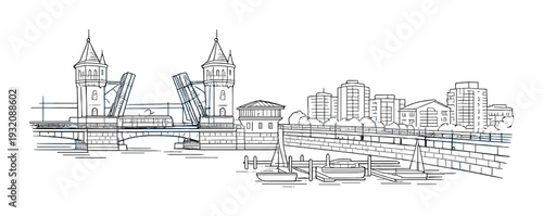 Twin tower bascule bridge with marina and riverside city buildings
