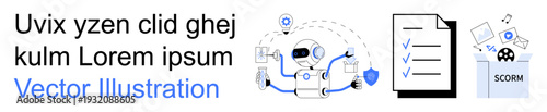 E-learning, artificial intelligence, digital education, SCORM compliance, technology integration, training modules. A robot surrounded by tools and a checklist icon. E-learning and artificial