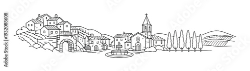 Small village with church and central fountain by cypress trees