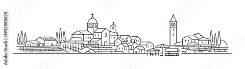 Coastal village with domed church and seaside bell tower on quay