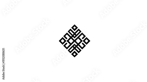 A black, geometric emblem of interconnected lines arranged in a diamond shape on a white background