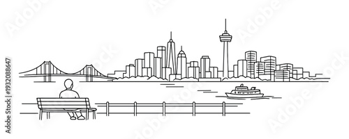 Person on bench overlooking city skyline with bridge and ferry