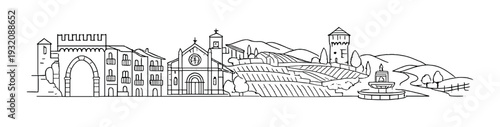 Town with arched gate, church and terraced vineyards