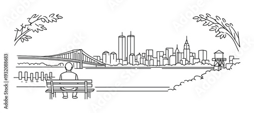 Person on bench viewing city skyline across river with bridge