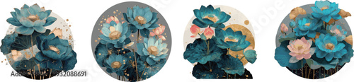 Vector set of 4 luxury Asian teal and pink lotus circular emblems with gold moon (Premium oriental botanical badge)
(프리미엄 오리엔탈 보태니컬 뱃지 - 4종의 럭셔리 아시아 청록색 및 핑크 연꽃과 금빛 달 원형 엠블럼 벡터 세트)