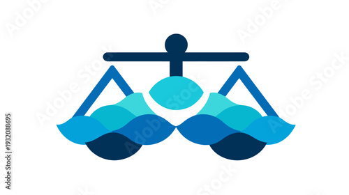 An abstract image featuring blue shades forming scales with a central vertical line and a sphere