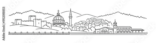 Town skyline with fortress dome and clustered houses by hills