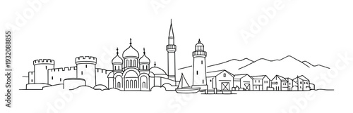 Coastal town with cathedral, lighthouse and fortified walls