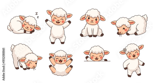 Cute cartoon sheep in various poses and expressions