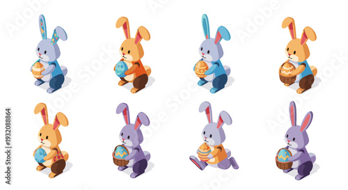 Collection of colorful cartoon rabbits holding carrots and eggs