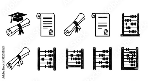 Set of icons representing graduation cap diploma certificate and abacus