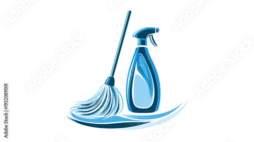 Graphic illustration featuring a blue mop and spray bottle, with wave accents on a white backdrop