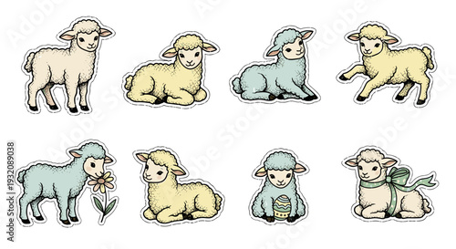 Collection of cute cartoon sheep in various poses and colors