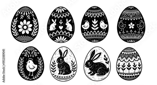Set of decorative easter eggs with floral and animal patterns