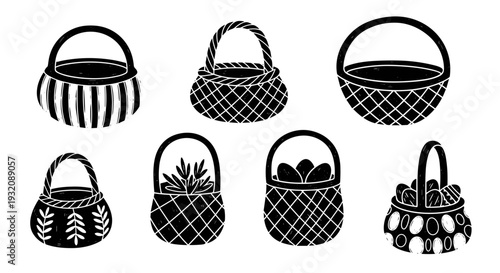 Collection of seven black and white handdrawn basket illustrations