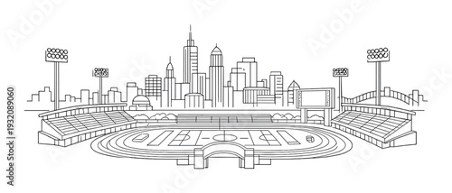 Large stadium with running track and soccer field against skyline