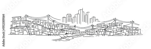 Clustered two story shacks connected by tarps with city skyline