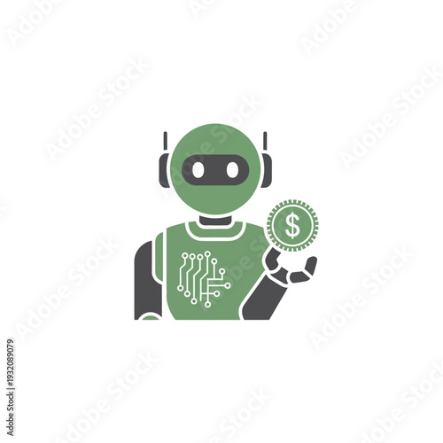 AI robot holding a dollar coin, representing automated investing and financial technology services