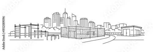 Fenced training enclosure with fitness bars in urban park setting