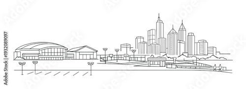 City skyline with arena and outdoor sports courts in foreground