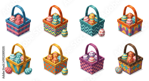 Colorful easter baskets with eggs