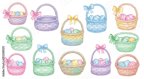 Colorful handdrawn easter baskets with eggs and ribbons illustration