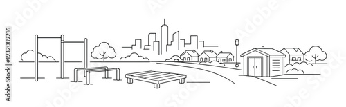 Playground equipment in park with houses and city skyline