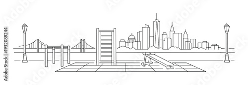 Outdoor fitness area by waterfront with city skyline and bridge